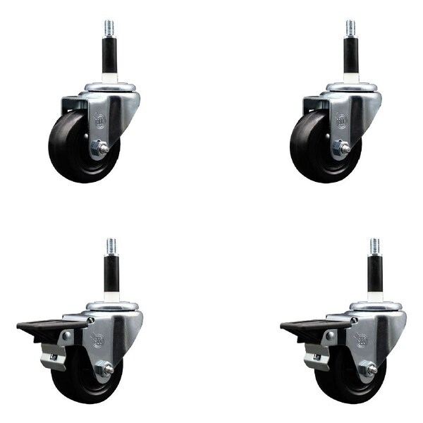 3'' Hard Rubber Wheel Swivel 7/8'' Expand Stem Caster Set 2 Brakes, 4PK